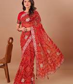 red bandhani embroidered bandhani saree