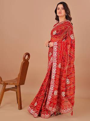 red bandhani embroidered bandhani saree 2