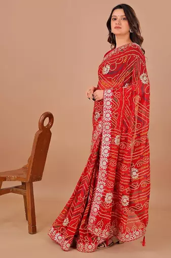 red bandhani embroidered bandhani saree