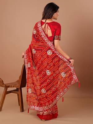 red bandhani embroidered bandhani saree 3