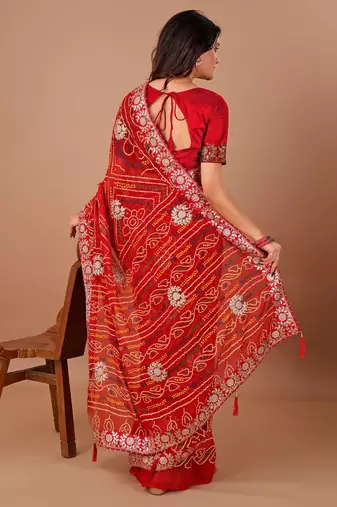 red bandhani embroidered bandhani saree