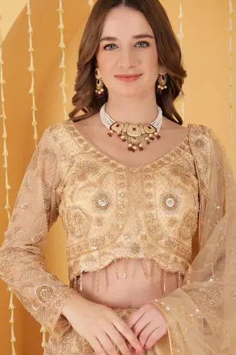 Gold Double Net Hand Embroidered Lehenga Set