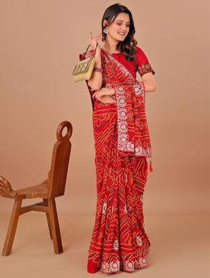 red bandhani embroidered bandhani saree 4