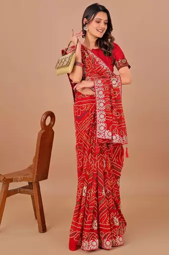 red bandhani embroidered bandhani saree