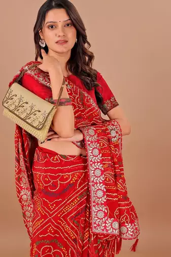 red bandhani embroidered bandhani saree
