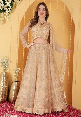 Gold Double Net Hand Embroidered Lehenga Set 3