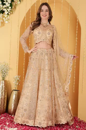 Gold Double Net Hand Embroidered Lehenga Set
