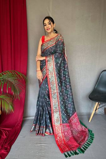 Grey ethnic motifs woven design zari silk blend banarasi saree