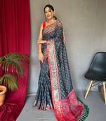 Grey ethnic motifs woven design zari silk blend banarasi saree