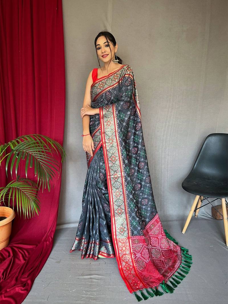 Grey ethnic motifs woven design zari silk blend banarasi saree