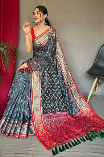 Grey ethnic motifs woven design zari silk blend banarasi saree