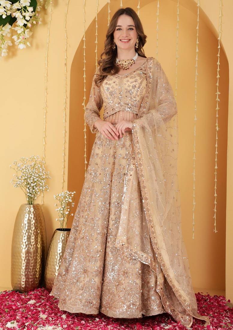Light Beige Double Net Hand Embroidered Lehenga Set
