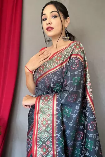 Grey ethnic motifs woven design zari silk blend banarasi saree