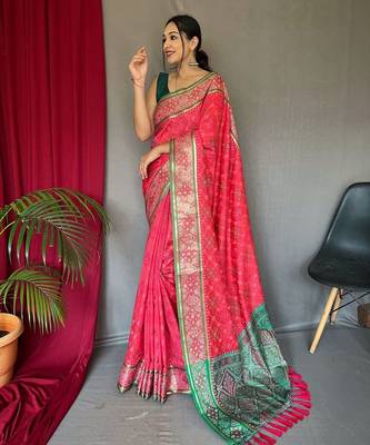 pink ethnic motif printed zari patola saree 1