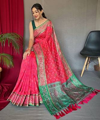 pink ethnic motif printed zari patola saree 2