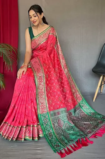 pink ethnic motif printed zari patola saree