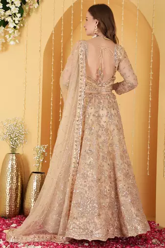 Light Beige Double Net Hand Embroidered Lehenga Set
