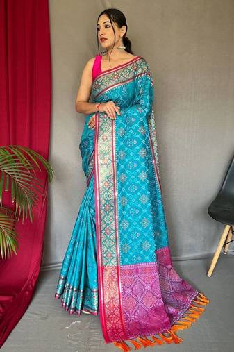 blue ethnic motifs woven design zari silk blend banarasi saree