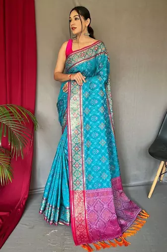 blue ethnic motifs woven design zari silk blend banarasi saree