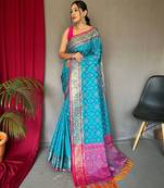 blue ethnic motifs woven design zari silk blend banarasi saree