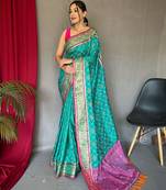 teal ethnic motifs silk blend patola zari saree with tassel