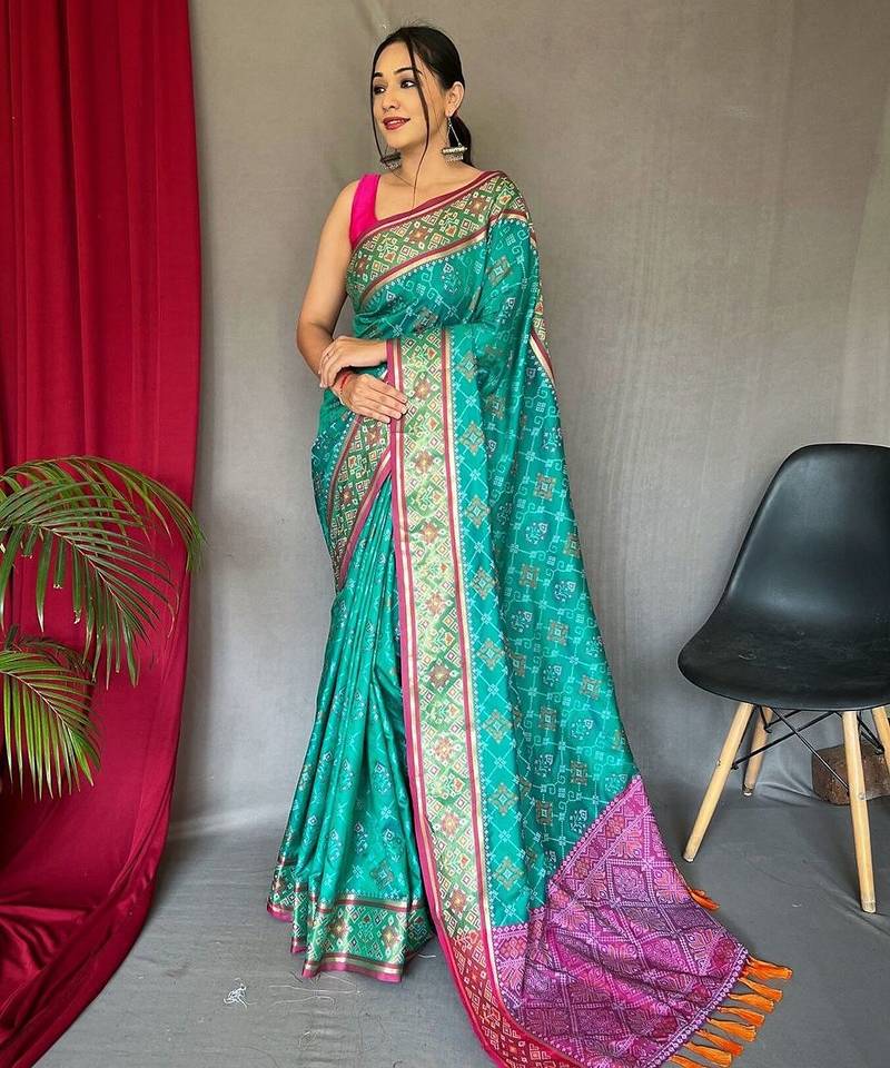 teal ethnic motifs silk blend patola zari saree with tassel