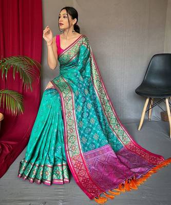 teal ethnic motifs silk blend patola zari saree with tassel 2