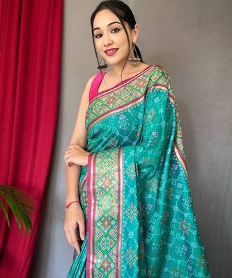 teal ethnic motifs silk blend patola zari saree with tassel 3
