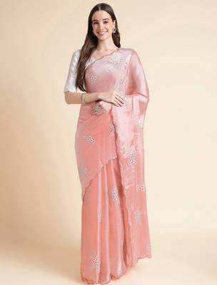 Peach floral sequinned organza saree 1