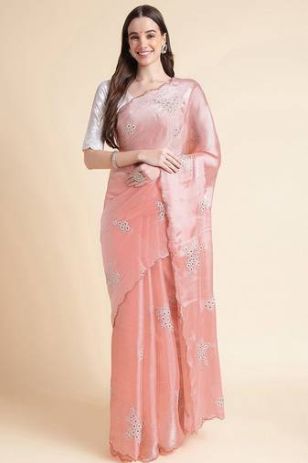 Peach floral sequinned organza saree