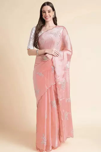 Peach floral sequinned organza saree