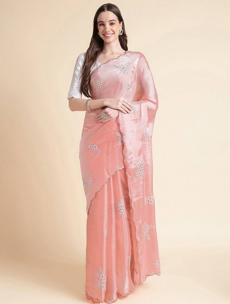 Peach floral sequinned organza saree