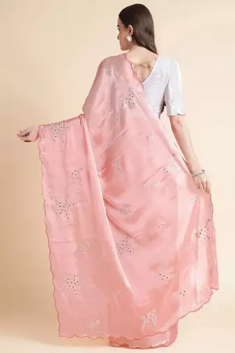 Peach floral sequinned organza saree