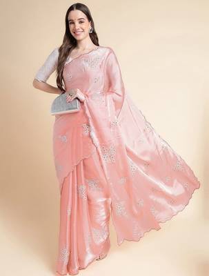 Peach floral sequinned organza saree 3