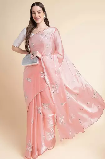Peach floral sequinned organza saree