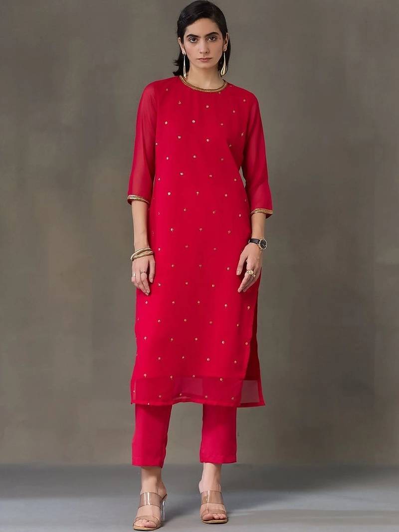 structured women embroidered kurta with trousers