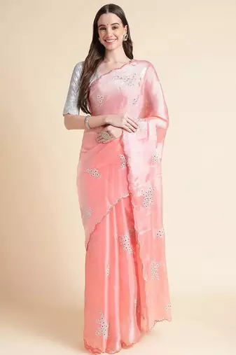 Peach peach coloured floral sequinned embroidered organza saree