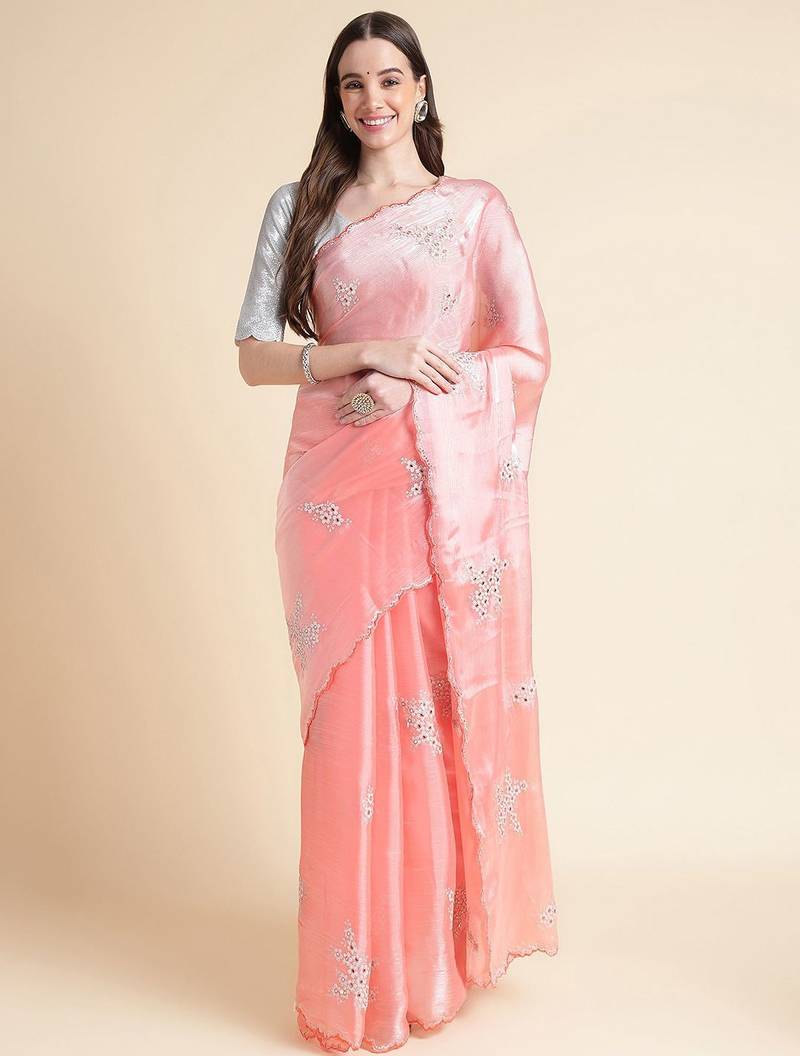 Peach peach coloured floral sequinned embroidered organza saree