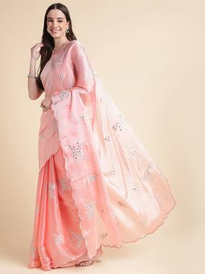 Peach peach coloured floral sequinned embroidered organza saree 2
