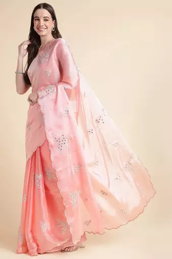 Peach peach coloured floral sequinned embroidered organza saree