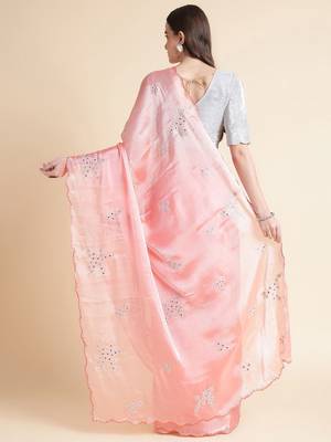 Peach peach coloured floral sequinned embroidered organza saree 3
