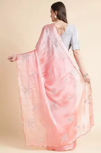Peach peach coloured floral sequinned embroidered organza saree