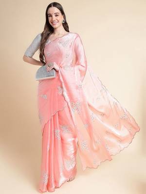 Peach peach coloured floral sequinned embroidered organza saree 5
