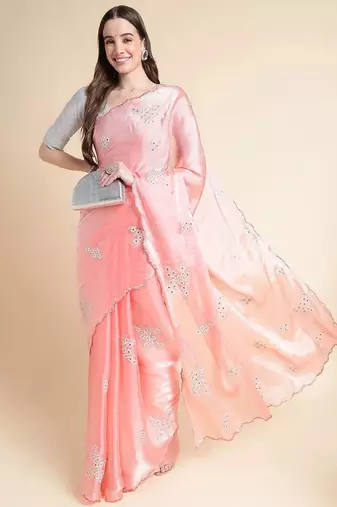 Peach peach coloured floral sequinned embroidered organza saree