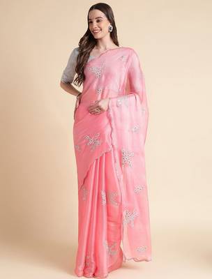 Pink pink & white floral mirror work embroidered organza saree 1