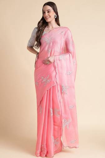 Pink pink & white floral mirror work embroidered organza saree