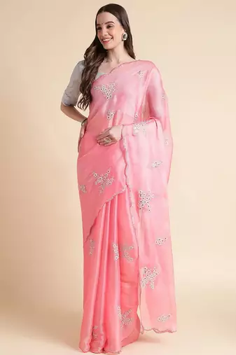 Pink pink & white floral mirror work embroidered organza saree