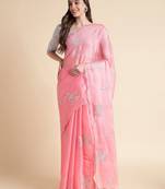 Pink pink & white floral mirror work embroidered organza saree