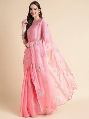 Pink pink & white floral mirror work embroidered organza saree 2