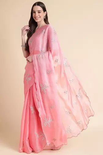 Pink pink & white floral mirror work embroidered organza saree